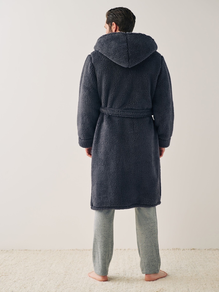 Slate Grey Fleece Borg Hooded Dressing Gown - Image 2 of 5