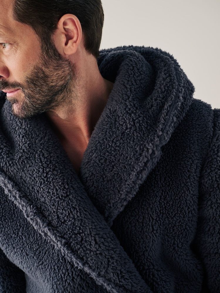 Slate Grey Fleece Borg Hooded Dressing Gown - Image 4 of 5