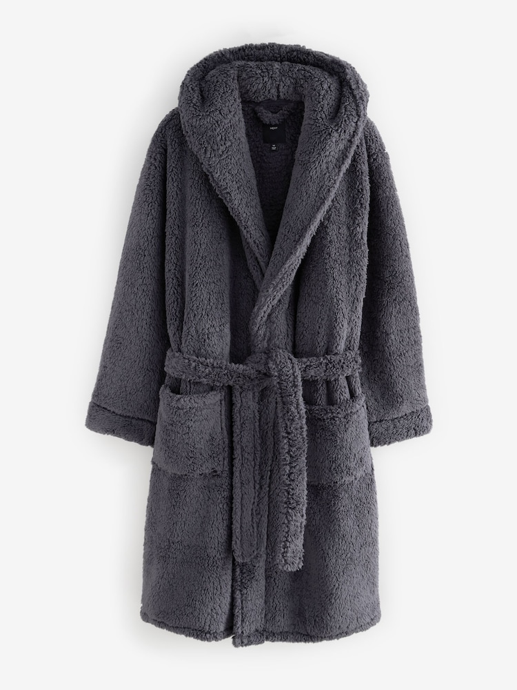 Slate Grey Fleece Borg Hooded Dressing Gown - Image 5 of 5