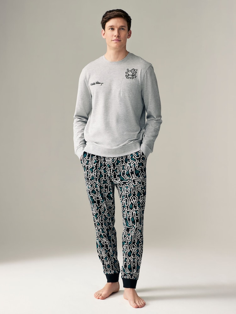 Grey/Blue Keith Haring 100% Cotton Pyjamas - Image 1 of 9
