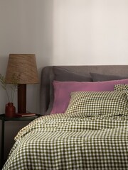 Piglet in Bed Botanical Green Gingham 100% Linen Duvet Cover - Image 1 of 3