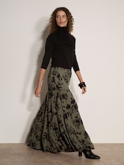 Apricot Green Floral Silhouette Crepe Midi Skirt - Image 1 of 5