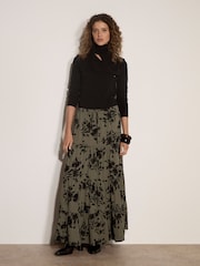 Apricot Green Floral Silhouette Crepe Midi Skirt - Image 4 of 5
