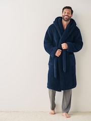 Navy Blue Fleece Borg Hooded Dressing Gown - Image 1 of 5