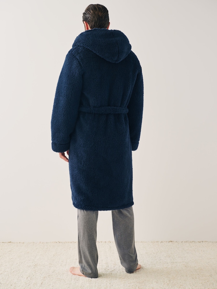 Navy Blue Fleece Borg Hooded Dressing Gown - Image 2 of 5