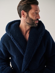 Navy Blue Fleece Borg Hooded Dressing Gown - Image 3 of 5