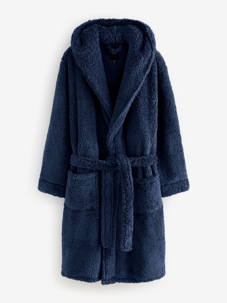Navy Blue Fleece Borg Hooded Dressing Gown - Image 5 of 5