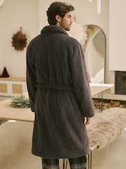 Slate Grey Textured Fleece Dressing Gown Robe - Image 3 of 9