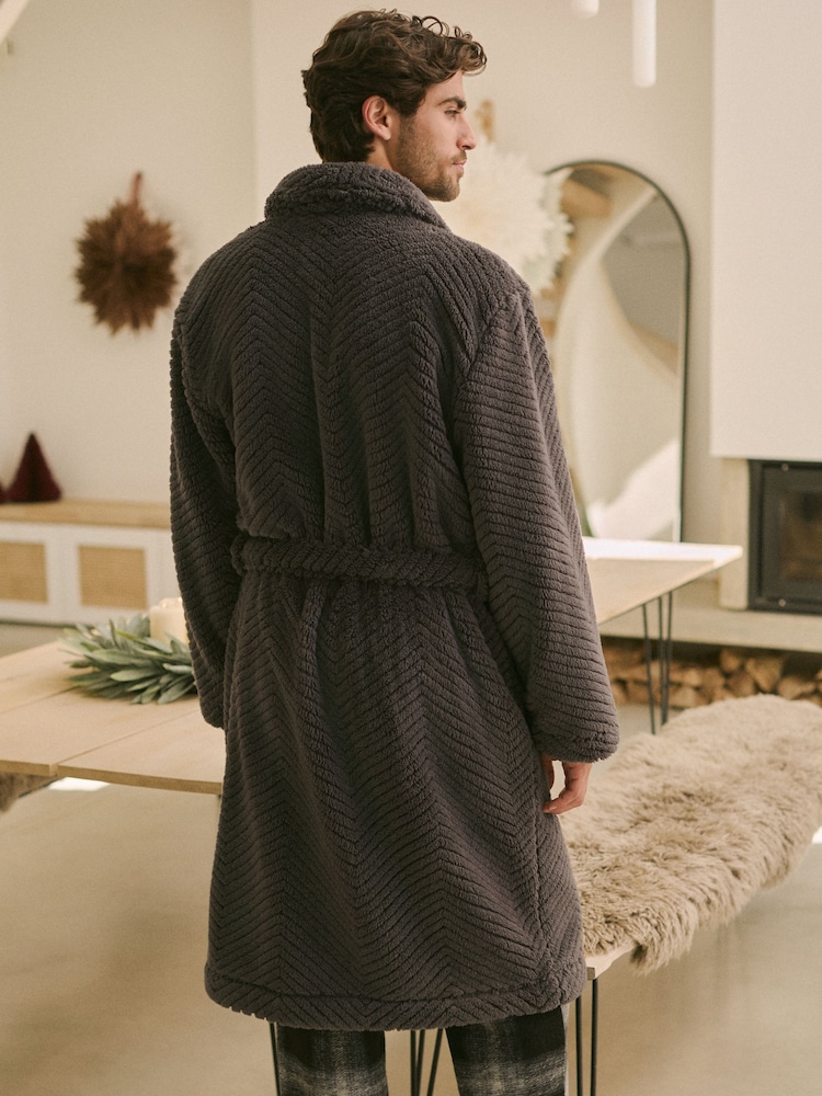 Slate Grey Textured Fleece Dressing Gown Robe - Image 3 of 9
