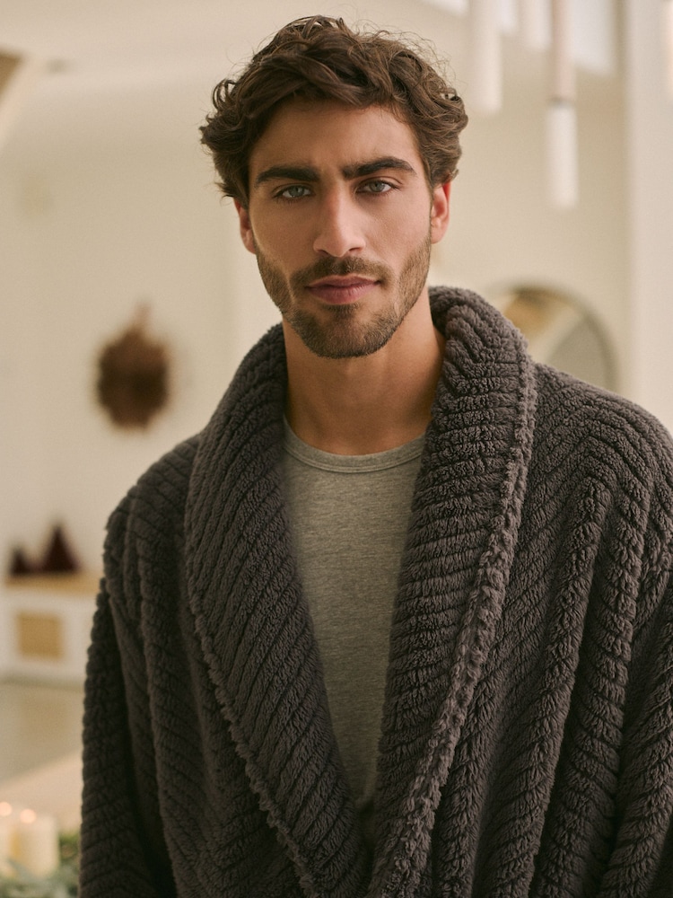 Slate Grey Textured Fleece Dressing Gown Robe - Image 5 of 9
