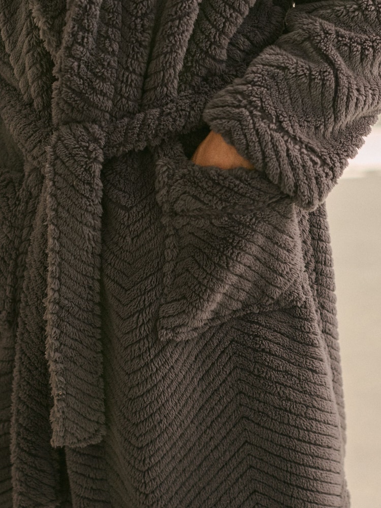 Slate Grey Textured Fleece Dressing Gown Robe - Image 7 of 9