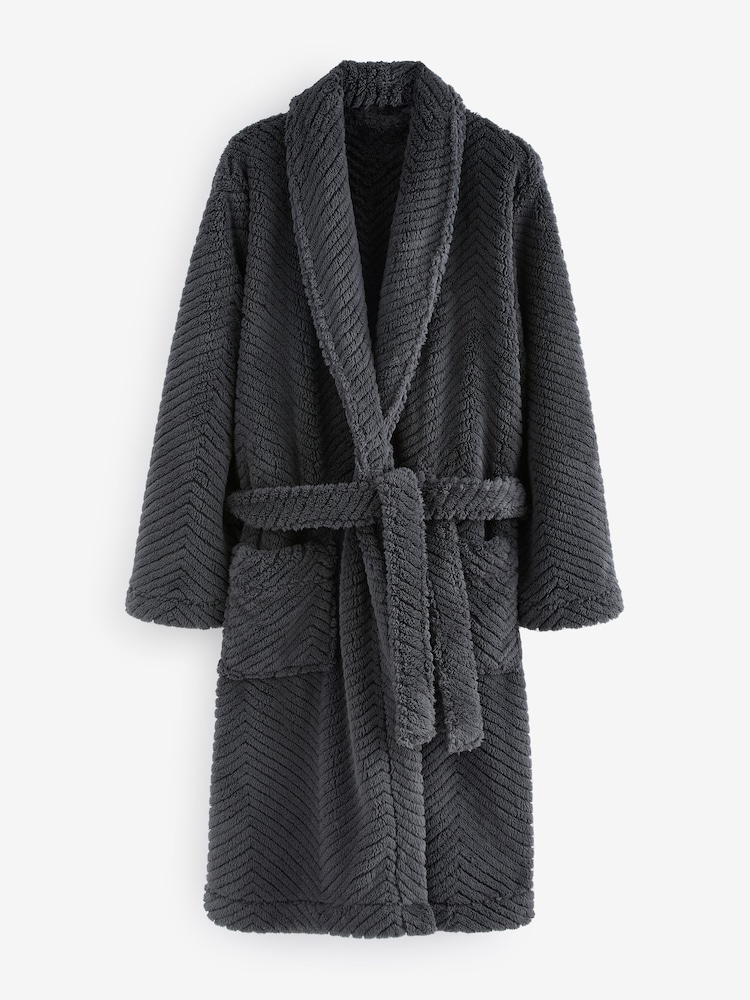 Slate Grey Textured Fleece Dressing Gown Robe - Image 8 of 9