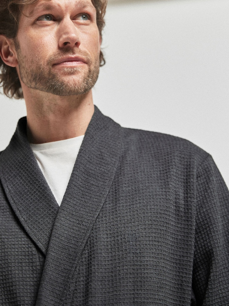 Charcoal Grey Lightweight Waffle Dressing Gown - Image 3 of 7