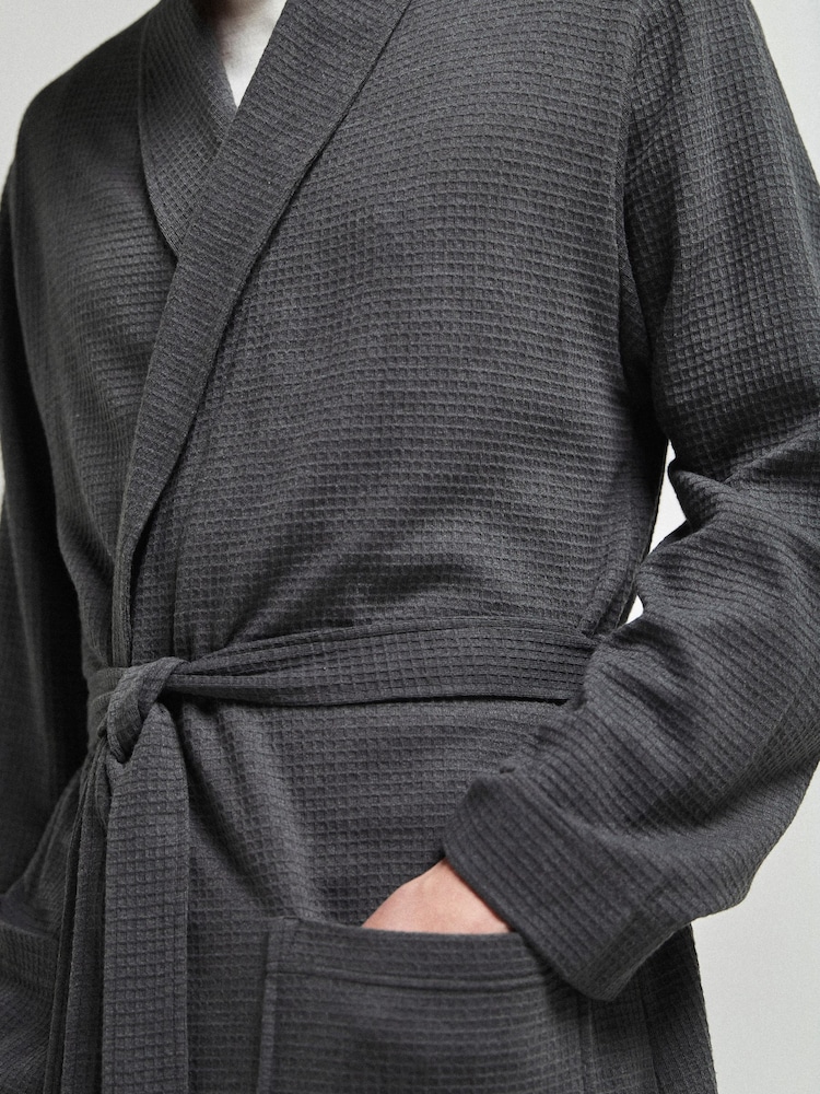 Charcoal Grey Lightweight Waffle Dressing Gown - Image 4 of 7