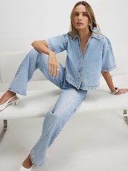 River Island Blue Short Sleeve Collared Boxy Denim Shirt - Image 1 of 4