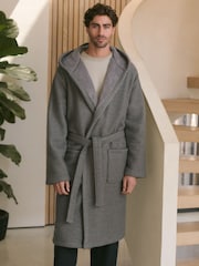 Grey Fleece Borg Lined Brushed Dressing Gown Robe - Image 1 of 9