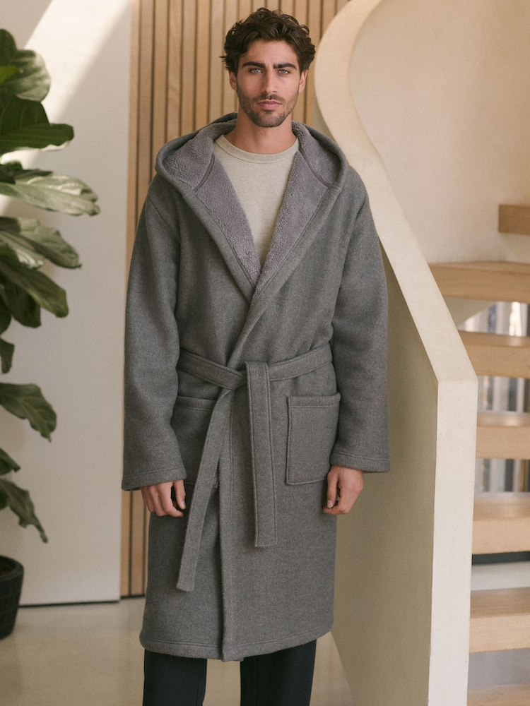 Grey Fleece Borg Lined Brushed Dressing Gown Robe - Image 1 of 9