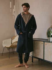 Navy Blue Fleece Borg Lined Textured Dressing Gown - Image 1 of 10