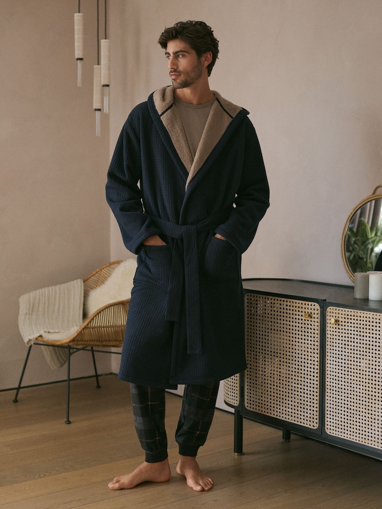 Navy Blue Fleece Borg Lined Textured Dressing Gown - Image 1 of 10