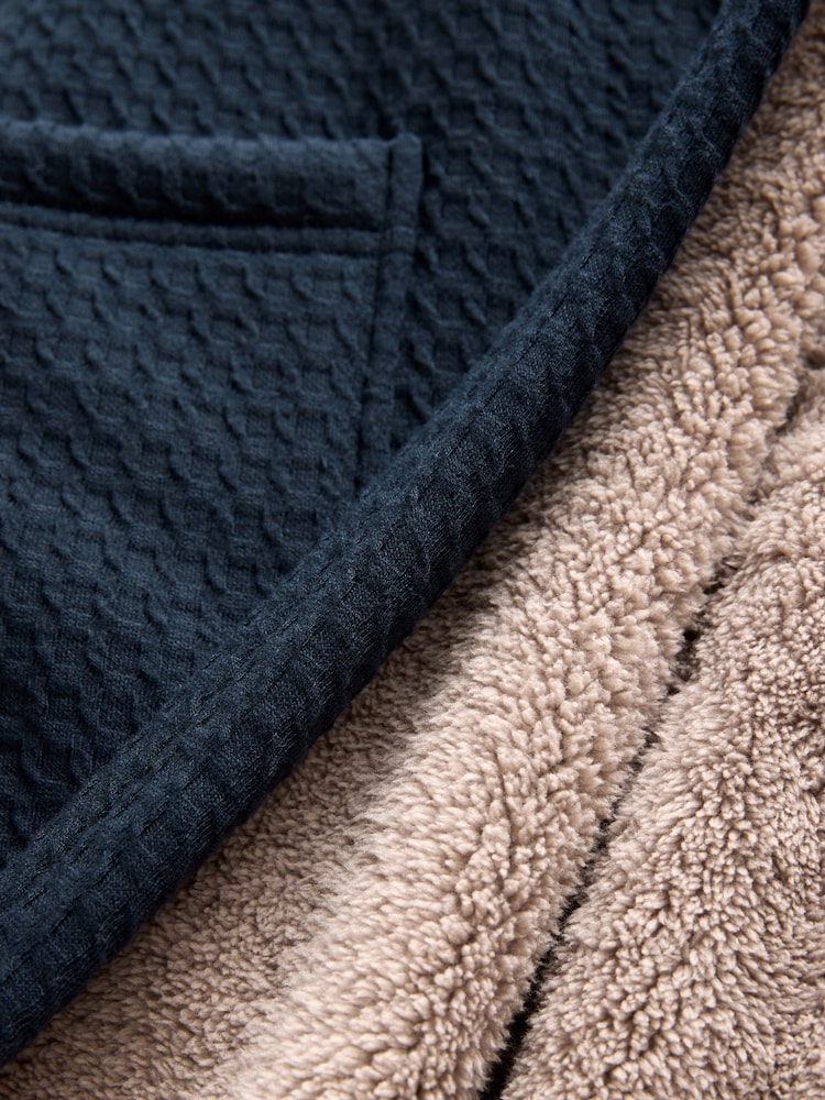 Navy Blue Fleece Borg Lined Textured Dressing Gown - Image 10 of 10