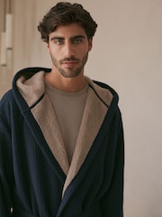Navy Blue Fleece Borg Lined Textured Dressing Gown - Image 2 of 10