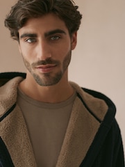 Navy Blue Fleece Borg Lined Textured Dressing Gown - Image 5 of 10
