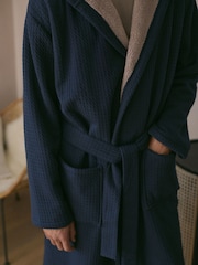 Navy Blue Fleece Borg Lined Textured Dressing Gown - Image 6 of 10