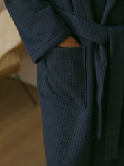 Navy Blue Fleece Borg Lined Textured Dressing Gown - Image 7 of 10