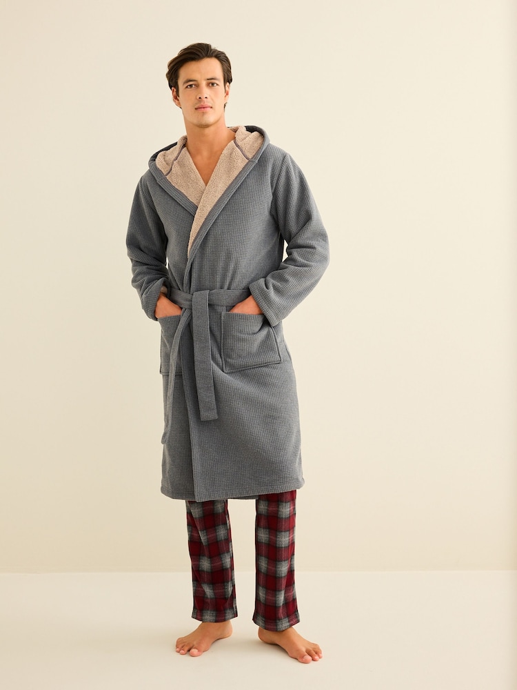 Grey Fleece Borg Lined Textured Dressing Gown - Image 2 of 8