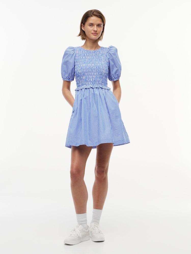 Tommy Jeans Blue Back Tie Smock Slim Poplin Mini Dress - Image 1 of 5