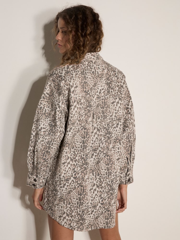 Apricot Grey Leopard Print Cotton Denim Shacket Mini Dress - Image 4 of 4 Apricot Grey Leopard Print Cotton Denim Shacket Mini Dress - Image 4 of 4