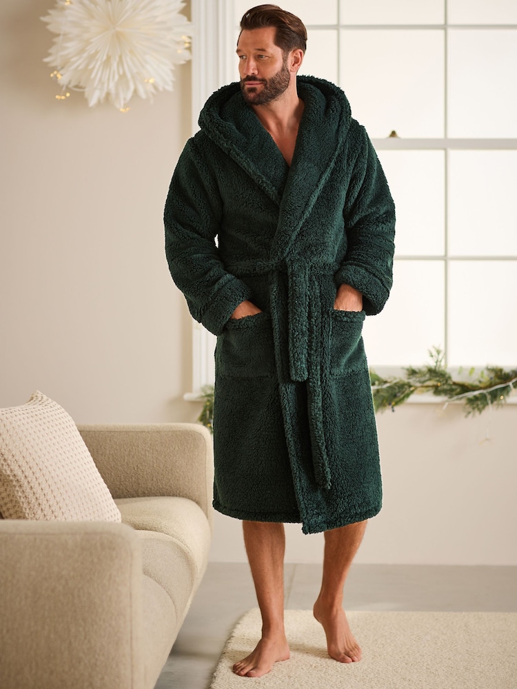 Khaki Green Fleece Borg Hooded Dressing Gown - Image 2 of 7