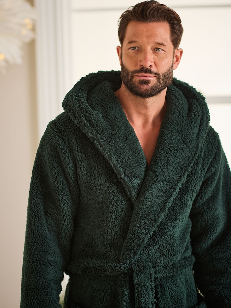 Khaki Green Fleece Borg Hooded Dressing Gown - Image 4 of 7