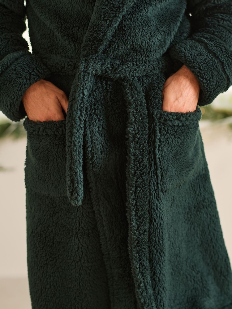 Khaki Green Fleece Borg Hooded Dressing Gown - Image 6 of 7