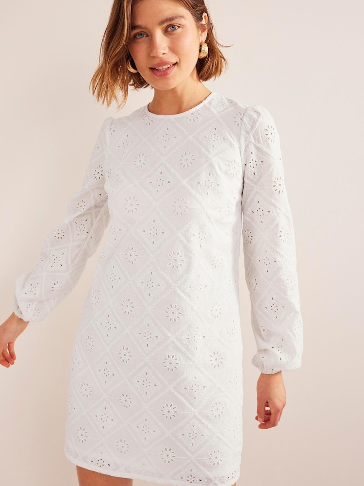 Boden White Broderie Mini Shift Dress - Image 2 of 6