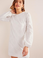 Boden White Broderie Mini Shift Dress - Image 4 of 6