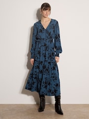 Apricot Blue Floral Crepe Midi Dress - Image 1 of 4