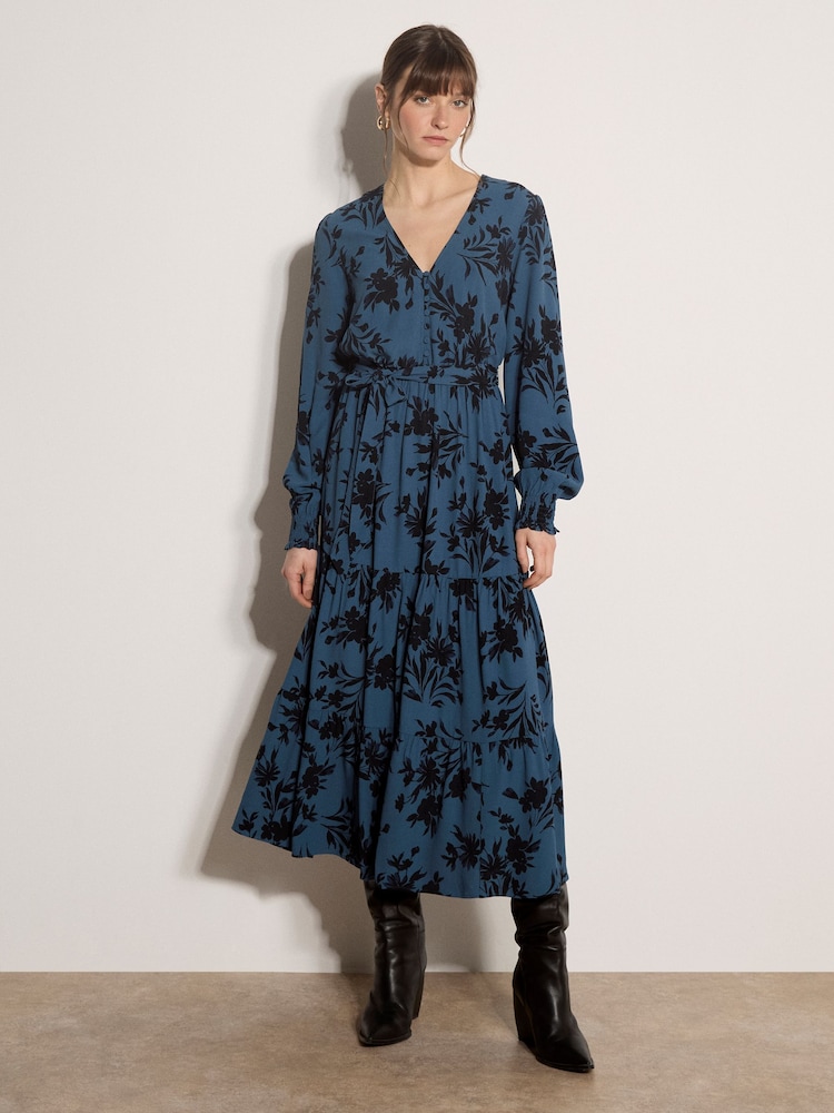 Apricot Blue Floral Crepe Midi Dress - Image 1 of 4 Apricot Blue Floral Crepe Midi Dress - Image 1 of 4