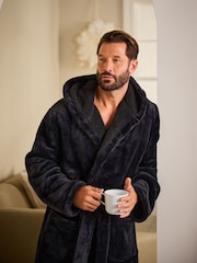 Black Hooded Borg Lined Plush Dressing Gown Robe - Image 1 of 9