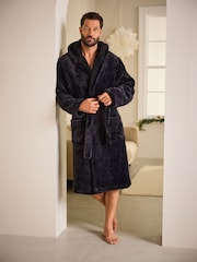 Black Hooded Borg Lined Plush Dressing Gown Robe - Image 2 of 9