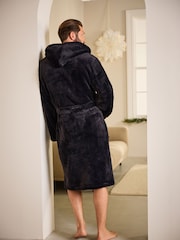 Black Hooded Borg Lined Plush Dressing Gown Robe - Image 3 of 9