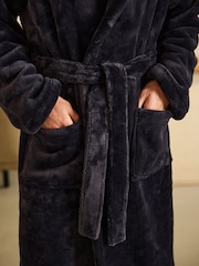 Black Hooded Borg Lined Plush Dressing Gown Robe - Image 5 of 9