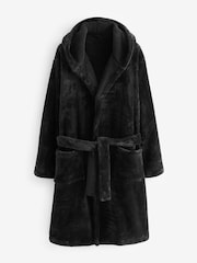 Black Hooded Borg Lined Plush Dressing Gown Robe - Image 6 of 9