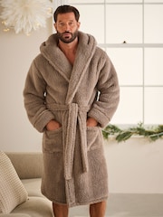 Stone Neutral Fleece Borg Hooded Dressing Gown - Image 1 of 7