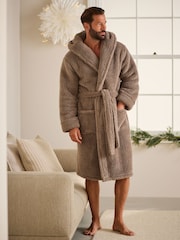 Stone Neutral Fleece Borg Hooded Dressing Gown - Image 2 of 7