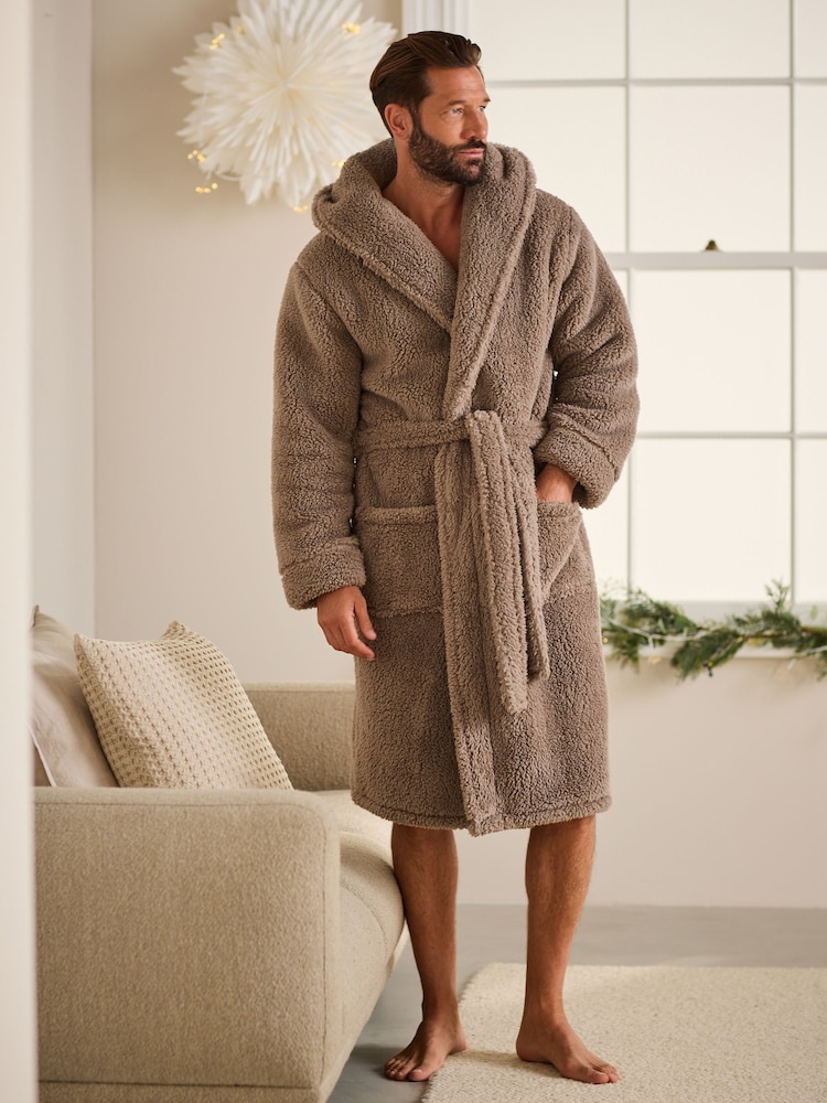 Stone Neutral Fleece Borg Hooded Dressing Gown - Image 2 of 7