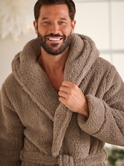 Stone Neutral Fleece Borg Hooded Dressing Gown - Image 4 of 7