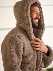 Stone Neutral Fleece Borg Hooded Dressing Gown - Image 5 of 7