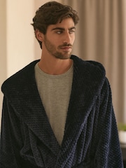 Navy Blue Textured Hooded Fleece Dressing Gown - Image 1 of 8