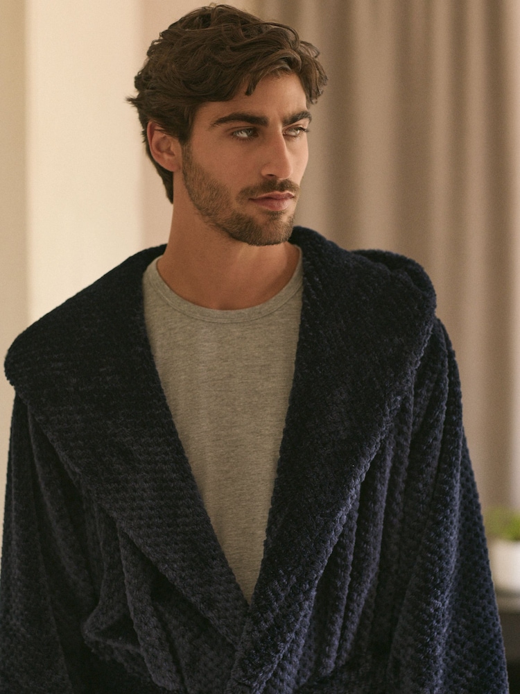 Navy Blue Textured Hooded Fleece Dressing Gown - Image 1 of 8